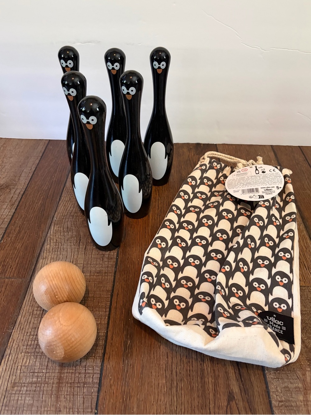 Vilac Penguin Wooden Bowling Set with Penguin Drawstring Bag - Made in France.